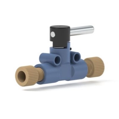 Upchurch Scientific Shut-Off Valve Assembly for 1/8 inch OD Tubing, 10 uL, 1.00 mm Thru-hole, 500 psi, Tefzel ETFE, Blue, Single - P-783 - Click Image to Close